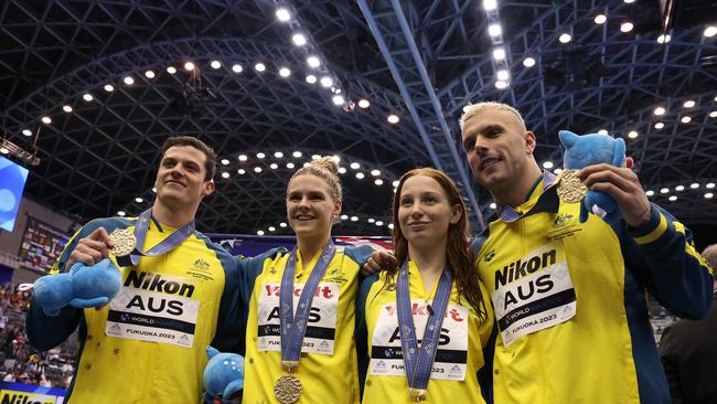 Australian gold medallists Jack Cartwright, Shayna Jack, Mollie O'Callaghan and Kyle Chalmers. Picture: Getty