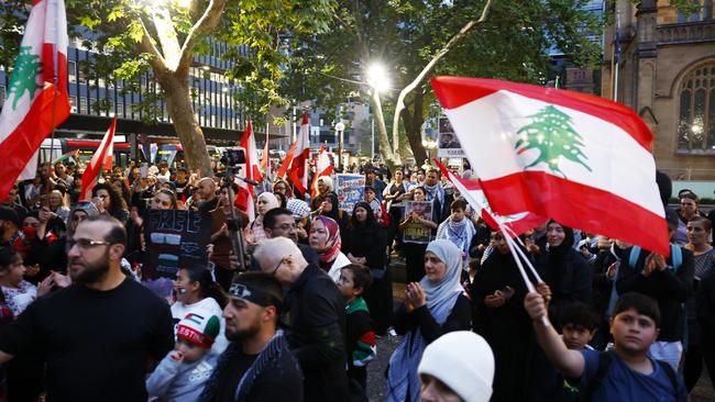 Protesters rally at Sydney Town Hall on September 24, where police allege Hezbollah flags were waved. Picture: Jonathan Ng