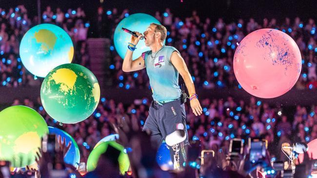 Coldplay’s Chris Martin performs at Marvel Stadium in Melbourne this week. Picture: Jake Nowakowski