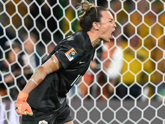 Mackenzie Arnold celebrates during the shootout against France at the Women's World Cup. Picture: Bradley Kanaris/Getty Images