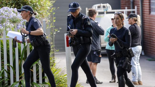 Police outside the Buninyong Police Station as the large-scale search continues. Picture: NCA NewsWire / Ian Currie