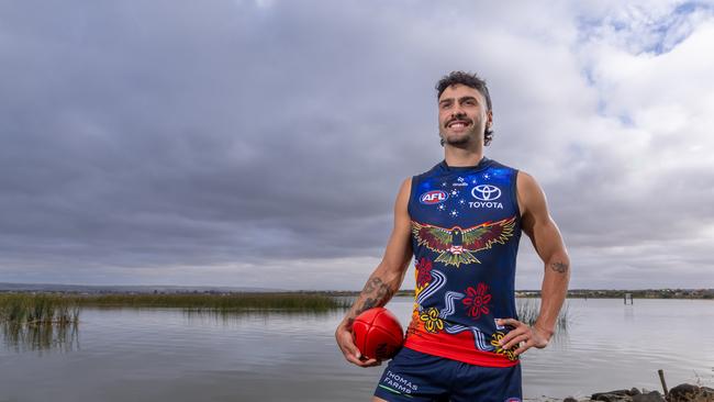 Izak Rankine wearing Adelaide’s 2024 Indigenous guernsey. Picture: Sarah Reed Photography