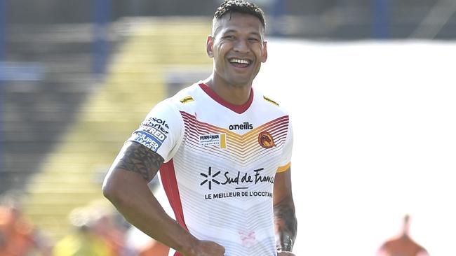 Israel Folau playing for Catalans Dragons in the English Super League. Picture: George Wood/Getty Images