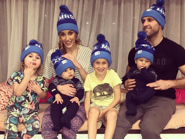 Bec and Chris Judd with their four children, Oscar, Billie, Darcy and Tom.