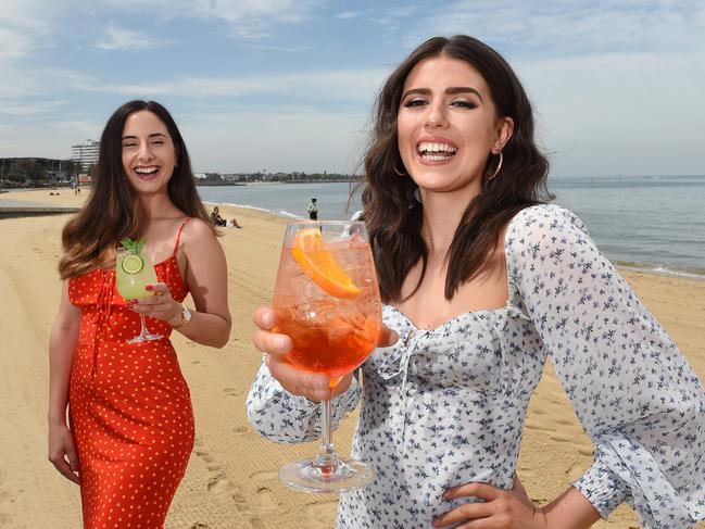 Beaches are at the centre of covid recovery with event and pop up bars planned for the summer. (L-R) Chiara Mibus and Caitlin Robertson from Republica Bar. Republica Bar are planning a pop up event at St Kilda beach. Picture: Josie Hayden