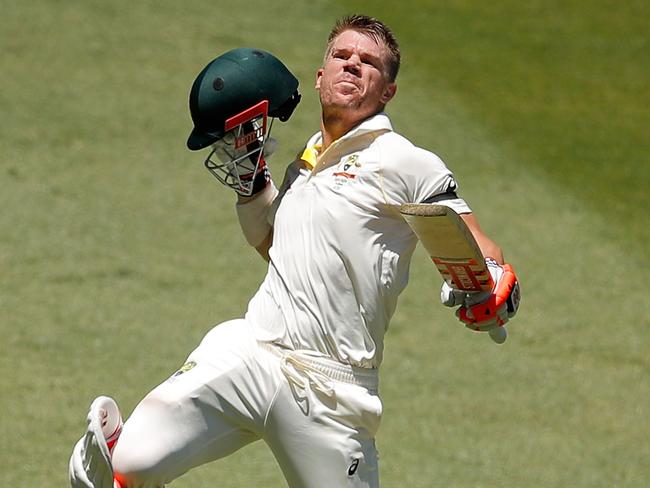 David Warner celebrates scoring a ton in the Boxing Day Test this past Ashes series.