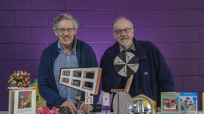 South Australia's long-running Curiosity Show hosts Dr Deane Hutton and Dr Rob Morrison demonstrating illusions from their back catalogue. Picture: Roy VanDerVegt