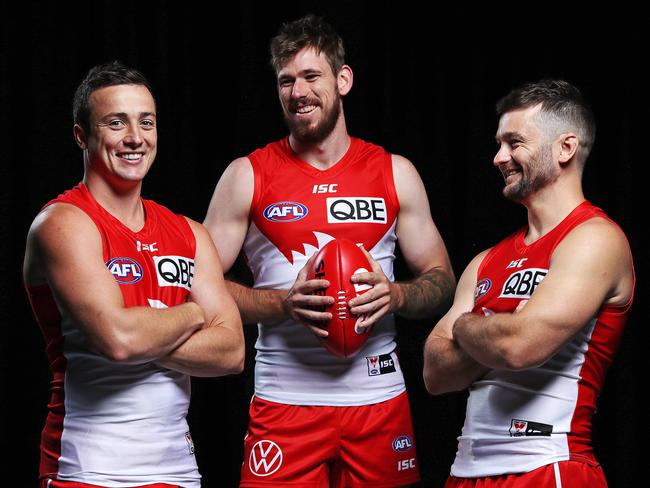 DAILY TELEGRAPH - Pictured are Sydney Swans players (L-R) Lewis Taylor, Kaiden Brand and Sam Gray, in Moore Park today ahead of the start of the 2020 Season. Picture: Tim Hunter.