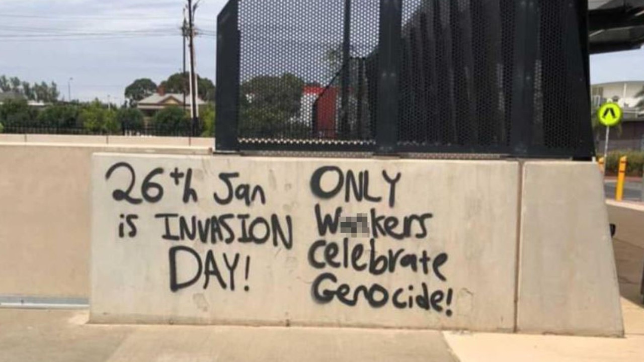 Graffiti in Adelaide about ‘Invasion Day’. Picture: Abolish Australia/Facebook