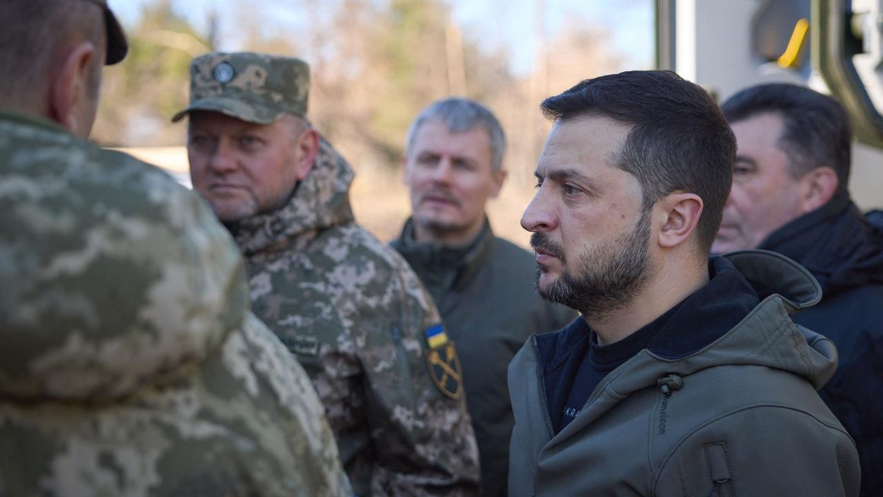 Ukraine's President Volodymyr Zelensky and Commander-in-Chief of the Ukrainian Armed Forces Valeriy Zaluzhny, second left, visited a training centre in Ukraine last November. Picture: AFP Photo/Ukrainian Presidential Press Service