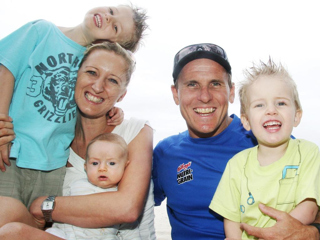 Dean Mercer with his family, wife Reen Mercer (holding baby Lachlan Mercer 3 months, Rory Mercer (yellow shirt) 2) and Brayden Mercer (light blue shirt) 4, photographed several years ago