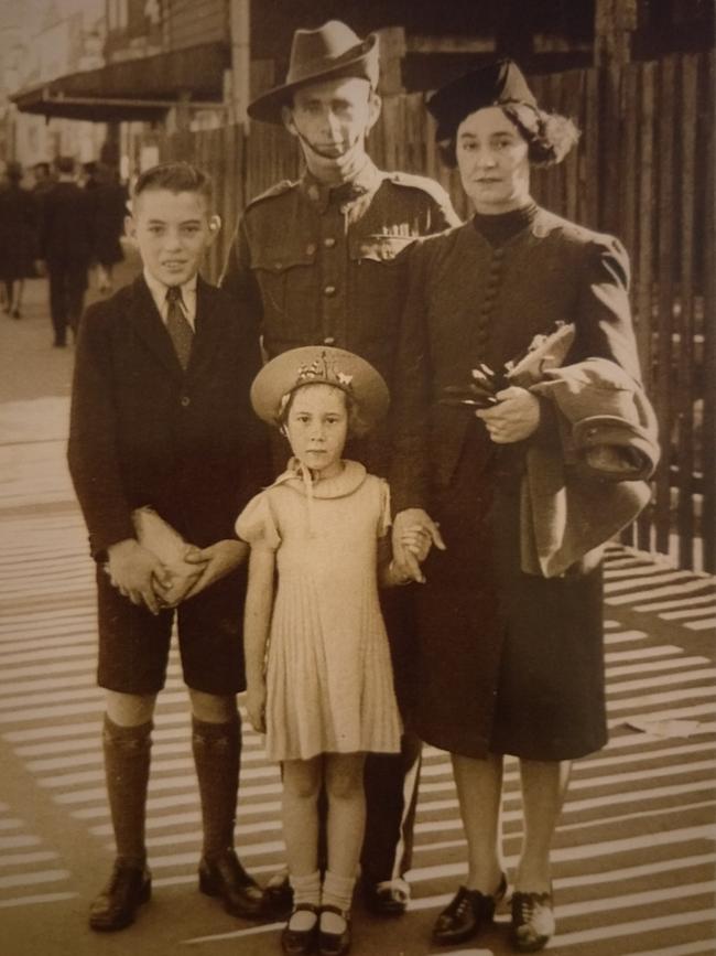 “This photo was taken at Circular Quay in Sydney in 1941. It shows my grandfather, Herbert Brooks, my grandmother Eva, mum, Eva June, and my Uncle Jeff. My grandfather was heading overseas but had promised to take June and Jeff to the zoo first.” Picture: Supplied by Kerrie McIntyre