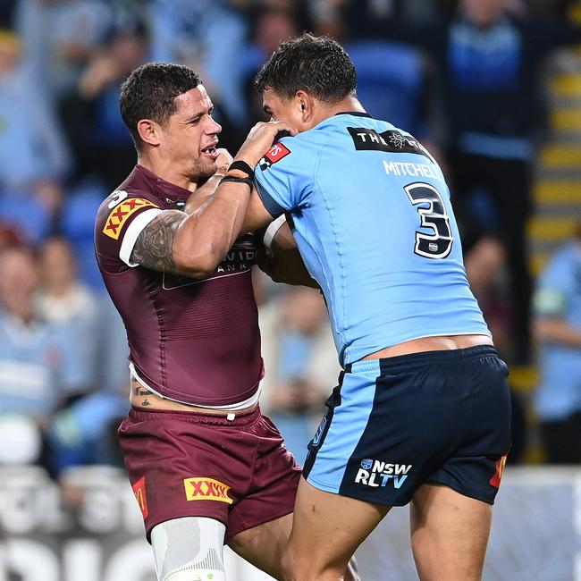 Latrell Mitchell (R) is a talent who shines on the biggest stages. Picture: Bradley Kanaris/Getty Images