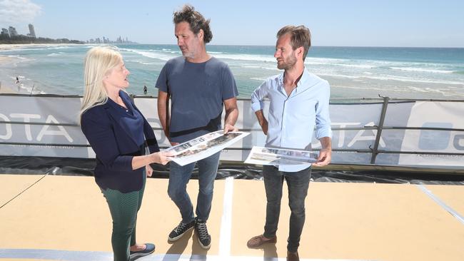 Cr Pauline Young chatting with owner Ben May and chef Guillaume Zika about plans for Burleigh Pavilion. Photo: Richard Gosling