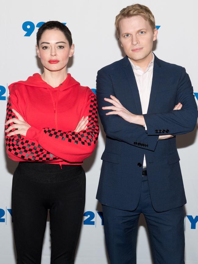 Rose McGowan, left, and Ronan Farrow, right.