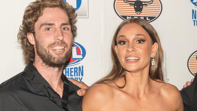 Dylan Landt of St Mary's with Stephanie Long after winning the 2022-23 NTFL Nichols medal. Picture: Pema Tamang Pakhrin