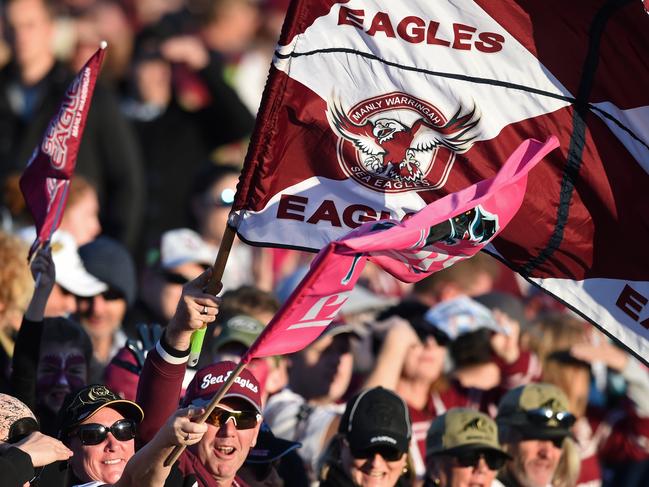 Sea Eagles and Panthers fans wave a flag during the Round 14 NRL match between the Manly-Warringah Sea Eagles and the Penrith Panthers at Brookvale Oval in Sydney, Sunday, June 12, 2016. (AAP Image/Paul Miller) NO ARCHIVING, EDITORIAL USE ONLY