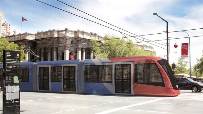 Artist impressions of new North Tce tram spur to run from King William St intersection east along North Tce to just before the East Tce intersection and a spur up King William road towards Adelaide Oval .