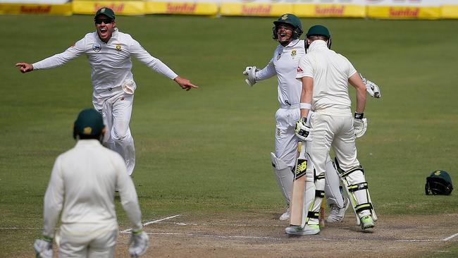 Keshav Maharaj gets the wicket of Steve Smith in Port Elizabeth last year.