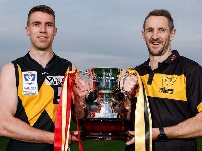 MELBOURNE, AUSTRALIA - SEPTEMBER 18: Nick Coughlan of the Werribee Tigers and Michael Barlow, Senior Coach of the Werribee Tigers pose for a photo during the 2023 VFL Grand Final Media Opportunity at Ikon Park on September 18, 2023 in Melbourne, Australia. (Photo by Dylan Burns/AFL Photos via Getty Images)