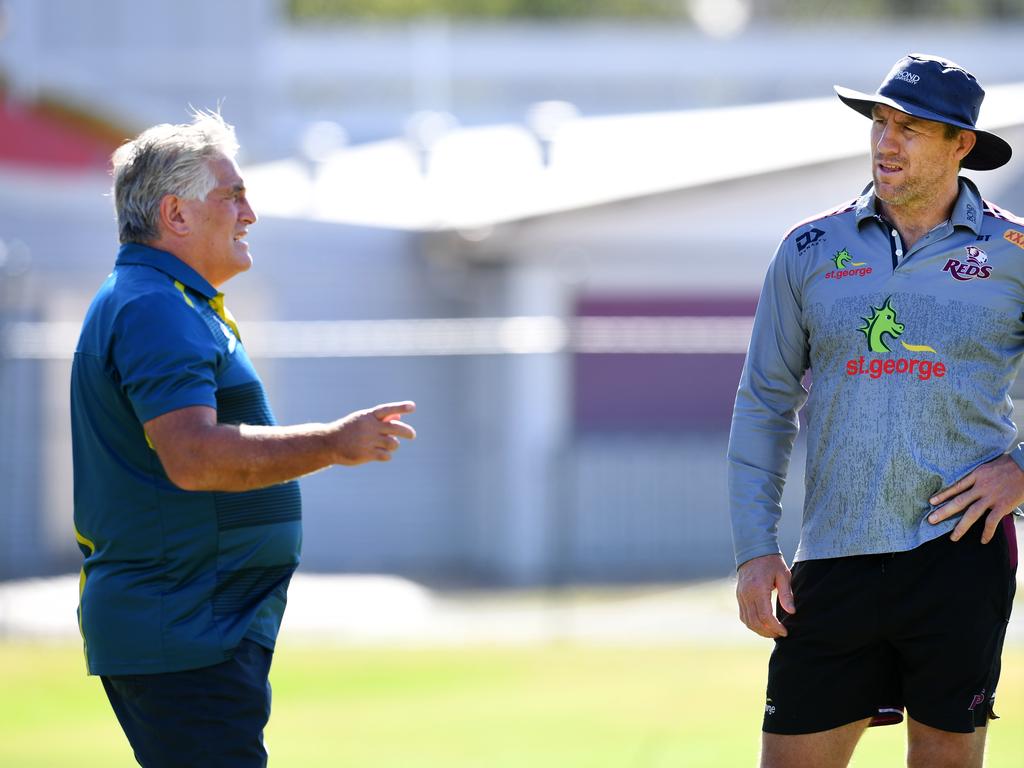 Queensland Reds coach Brad Thorn (right) talks to Rugby Australia director of rugby Scott Johnson. Picture: AAP Image/Dan Peled