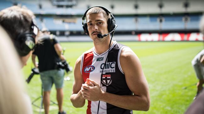 Jack Steele speaks to the media during AFL Captains Day at Marvel Stadium. Picture: Darrian Traynor/Getty Images