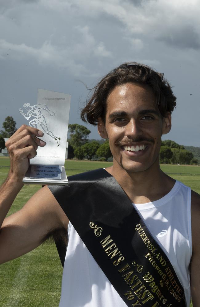 Leroy Dempsey, Wagners fastest male footballer 75 yards. The Arthur Postle Gift at Pittsworth. Saturday 18th January, 2025. Picture: Nev Madsen.