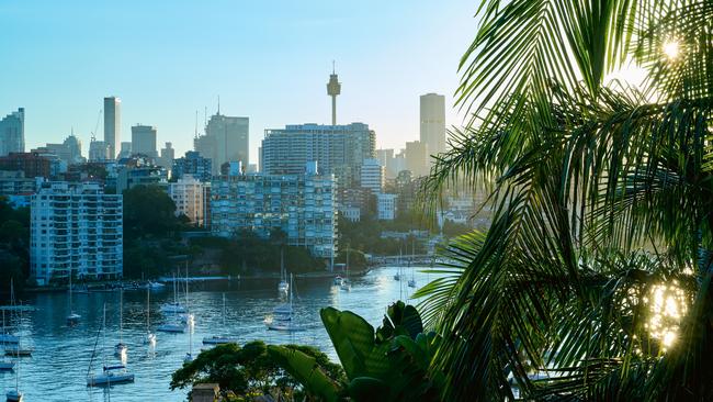 The Sydney skyline and boats of Rushcutters Bay as seen from Dinnigan’s home. Picture: Earl Carter