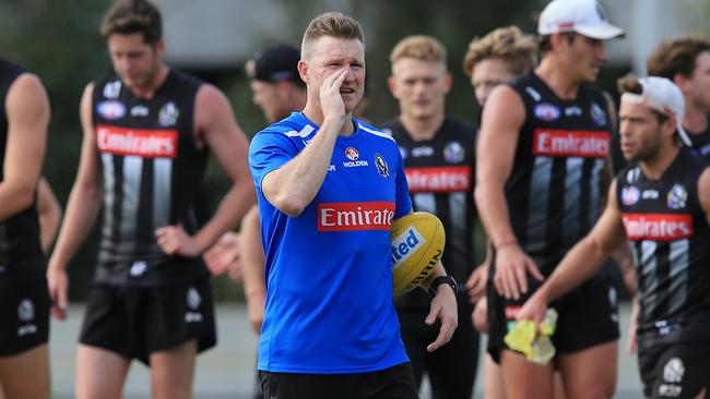 Nathan Buckley at Collingwood training ahead of the Magpies’ match against Brisbane. Picture: Wayne Ludbey