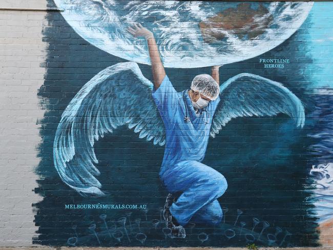 A mural to honour the medics currently helping to fight COVID-19 in Melbourne. Picture: Getty