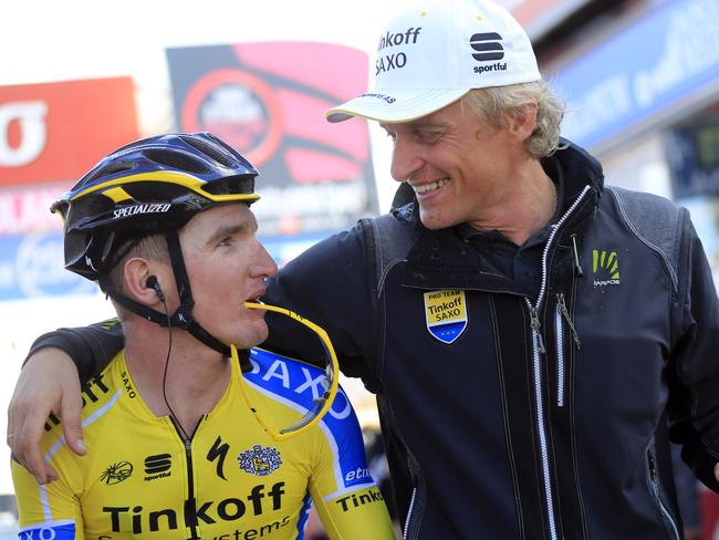 Australian cyclist Jay McCarthy with Tinkoff-Saxo owner Oleg Tinkov in 2014. Picture: Tinkoff-Saxo