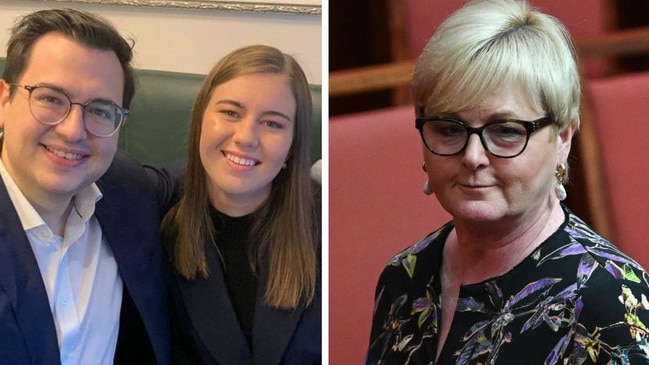 Senator Linda Reynolds (right) has had an early legal win in her defamation case against David Sharaz, pictured left with fiance Brittany Higgins, who is also a target of separate legal action launched by the WA Senator.