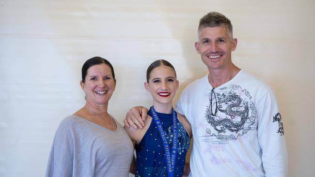 Isabella Slavin, with her parents Cindy and Ryan after she placed first in the lyrical slow modern (13-14 years) on the third day of the Gympie Eisteddfod. Picture: Christine Schindler