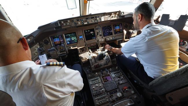 Pilots on the first Emirates Boeing 777 powered with 100 per cent SAF, January this year. Picture: AFP