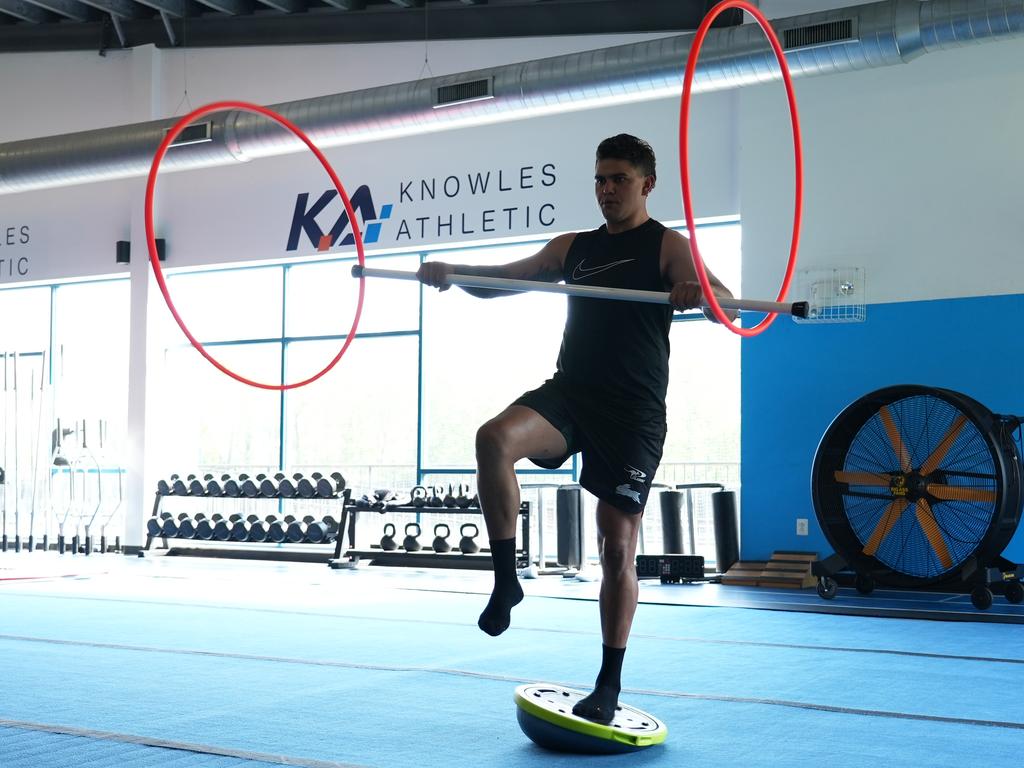 Latrell Mitchell in the US working with reconditioning coach Bill Knowles. Picture: Sunny Brar/South Sydney Rabbitohs