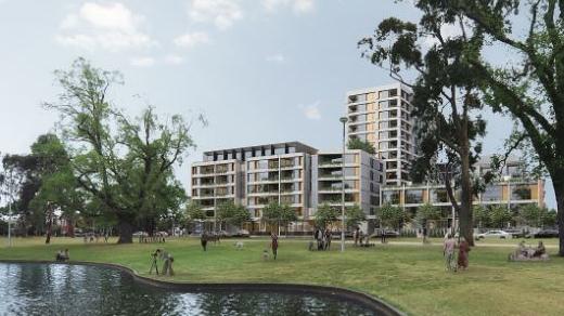 Artist's impression of a planned 14-storey apartment complex at 699 Park St, Brunswick, by developer JWLand. Pic: Supplied