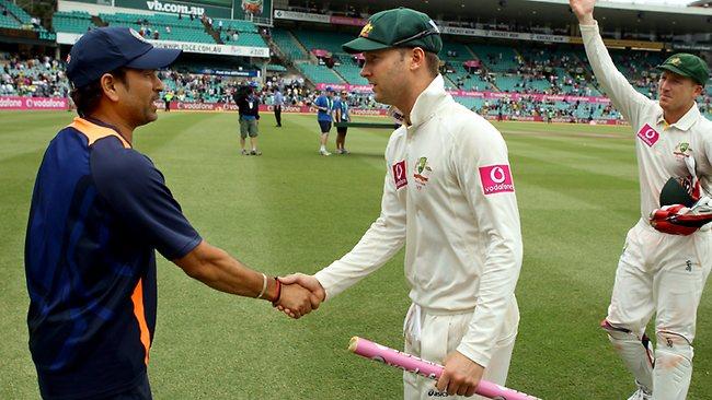 Michael Clarke greets Sachin Tendulkar after the New Year's Test at the SCG in 2012. Picture: Gregg Porteous.