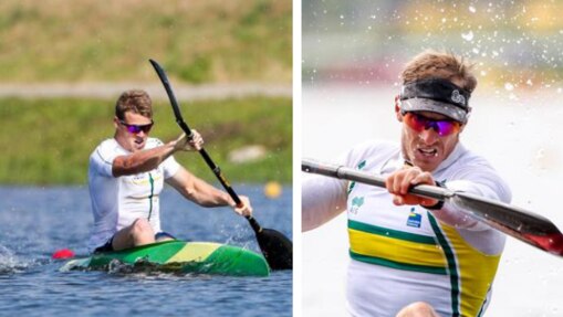 Kayaker Tom Green, competing in the surf ski events at the Australian surf life saving titles, and his mentor Ken Wallace on the right