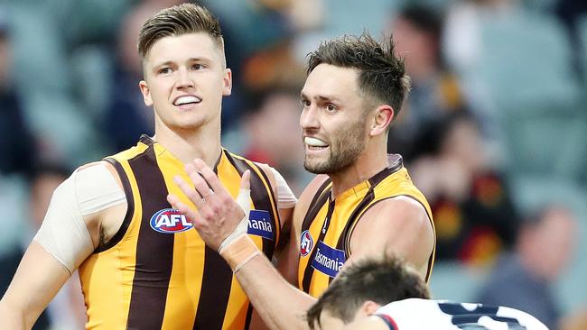 Mitch Lewis with former Hawks spearhead Jack Gunston, the player who’s boots Lewis must now fill.