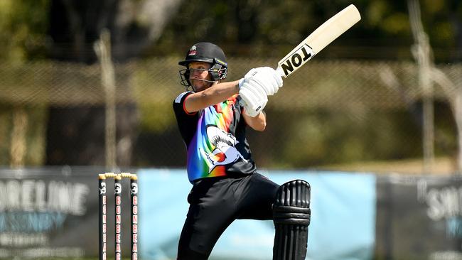 Tom Smith of Bonbeach bats during the Cricket Southern Bayside match between Bonbeach and Mordialloc at Bonbeach Sports Reserve, on November 18, 2023, in Melbourne, Australia. (Photo by Josh Chadwick)