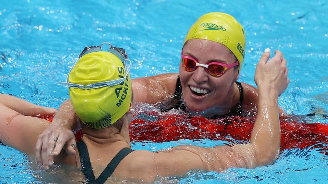 Kaylee McKeown Emily Seebohm hugs Kaylee McKeown after the race. Picture: Al Bello/Getty Images