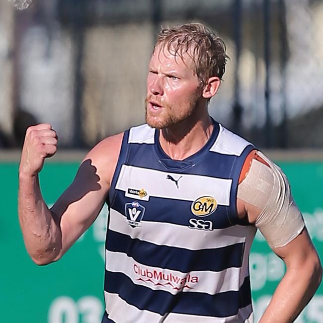 Yarrawonga’s Leigh Williams celebrates a goal against Wangaratta. Picture: Yuri Kouzmin