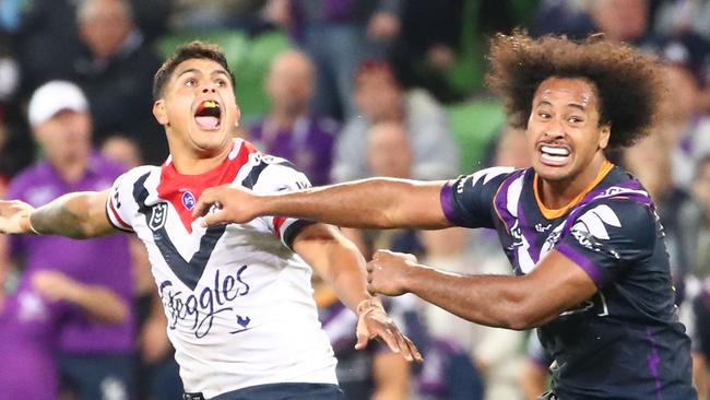 MELBOURNE, AUSTRALIA - APRIL 19: Latrell Mitchell of the Roosters celebrates after kicking the winning field goal during the round 6 NRL match between the Melbourne Storm and the Sydney Roosters at AAMI Park on April 19, 2019 in Melbourne, Australia. (Photo by Scott Barbour/Getty Images)