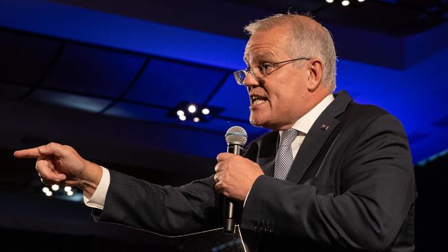 Scott Morrison at a Liberal campaign rally at Accor stadium in Sydney on Sunday. Picture: Jason Edwards