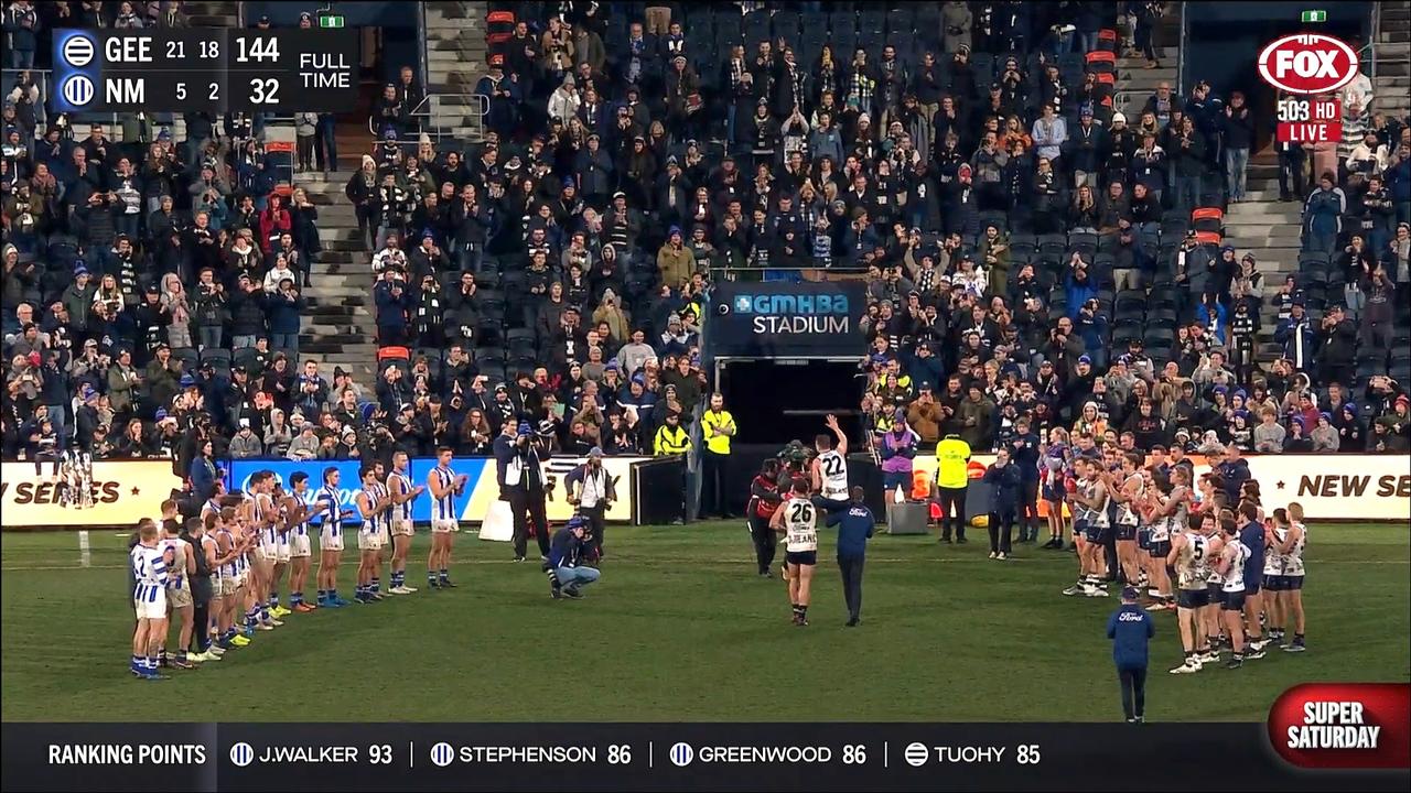 North Melbourne cheers Mitch Duncan. Photo: Fox Footy.