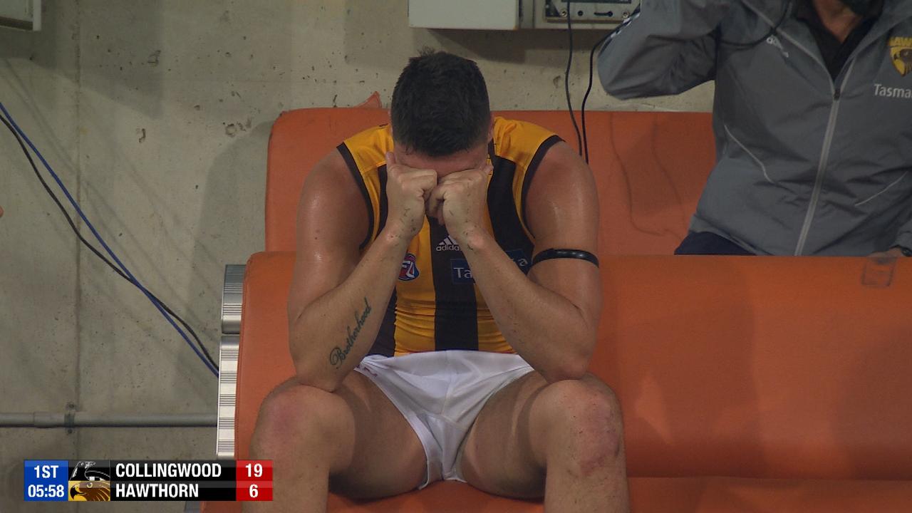 Jon Patton in tears on the interchange bench.