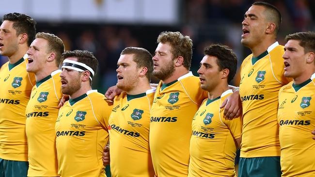 The Wallabies sing the Australian national anthem during the Rugby Championship.