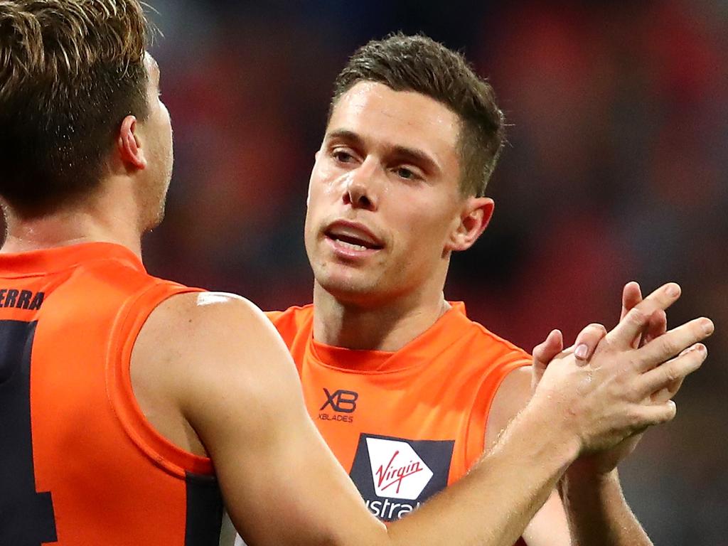 SYDNEY, AUSTRALIA - JULY 28: Dylan Shiel of the Giants and Josh Kelly of the Giants celebrate a goal by Kelly during the round 19 AFL match between the Greater Western Sydney Giants and the St Kilda Saints at Spotless Stadium on July 28, 2018 in Sydney, Australia.  (Photo by Cameron Spencer/Getty Images)