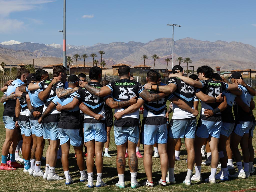 Sharks huddle in Vegas. Picture: Jonathan Ng