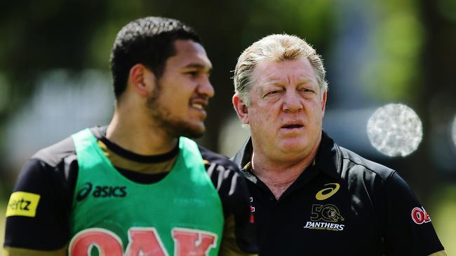 Phil Gould helping Dallin Watene-Zelezniak at Penrith training. Picture Brett Costello